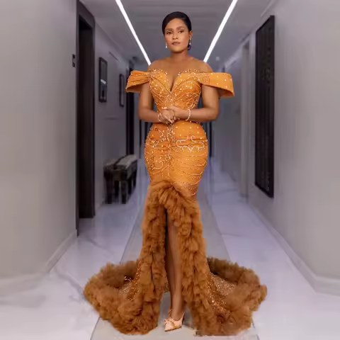 Aso Ebi Formal Evening Gowns Beaded Lace Customized Corset Prom Dresses Long Mermaid Ruffled Evening Dress Split Off Shoulder