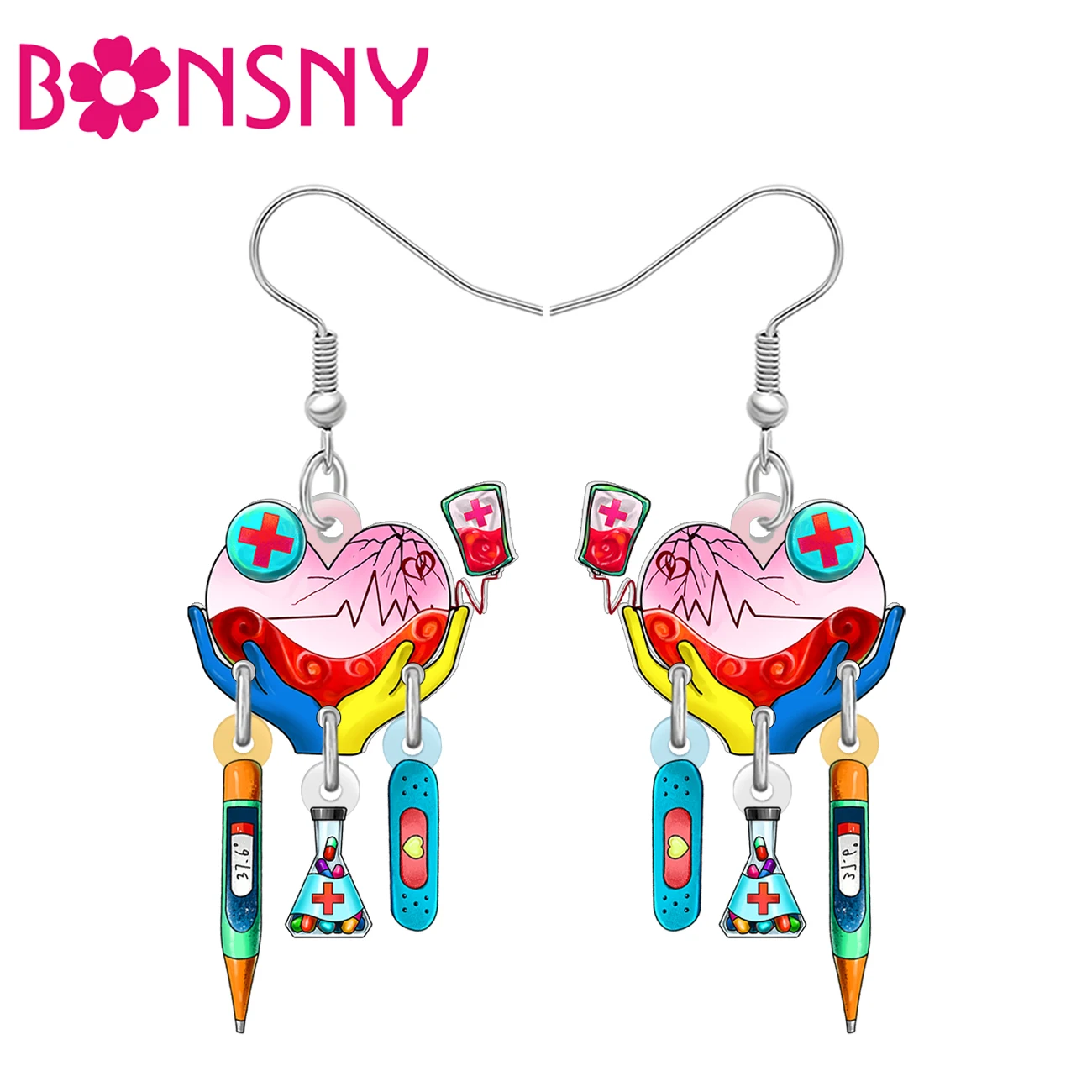 BONSNY Acrylic Nurse Earrings Heart Thermometer Bandage Band Aid Dangle Medical Set Jewelry Future Nurse Gifts For Women Doctors
