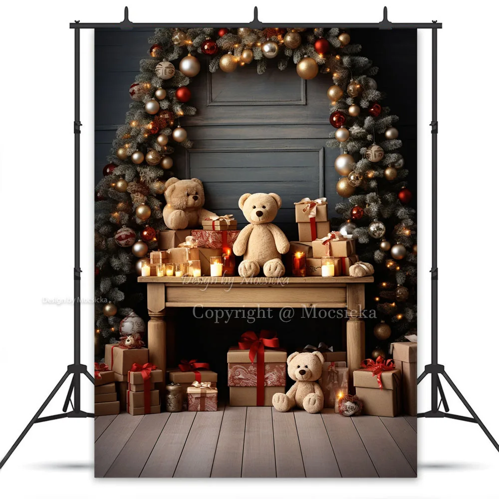 Christmas Teddy Bear Gift Photography Backdrop Shiny Candle Xmas Tree Brown Wooden Floor Backdrop Kids Indoor Studio Photobooth