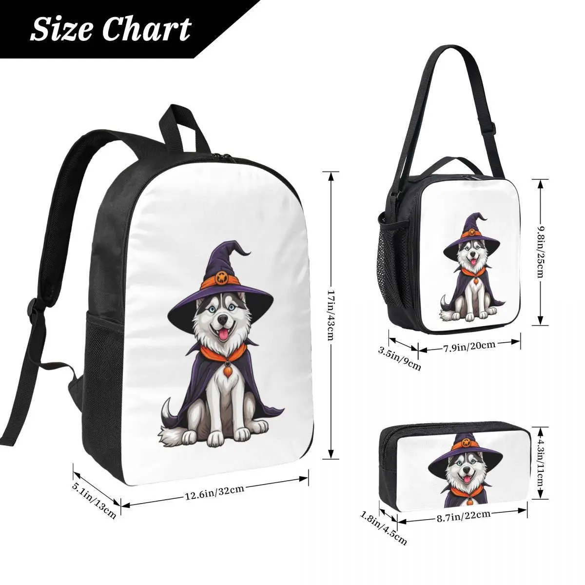 Husky siberiano Halloween Strega Decor Amante dei cani Regalo Zaino Ragazzi Ragazze BookBag Borsa da scuola 3ps Borsa da pranzo isolata Astuccio