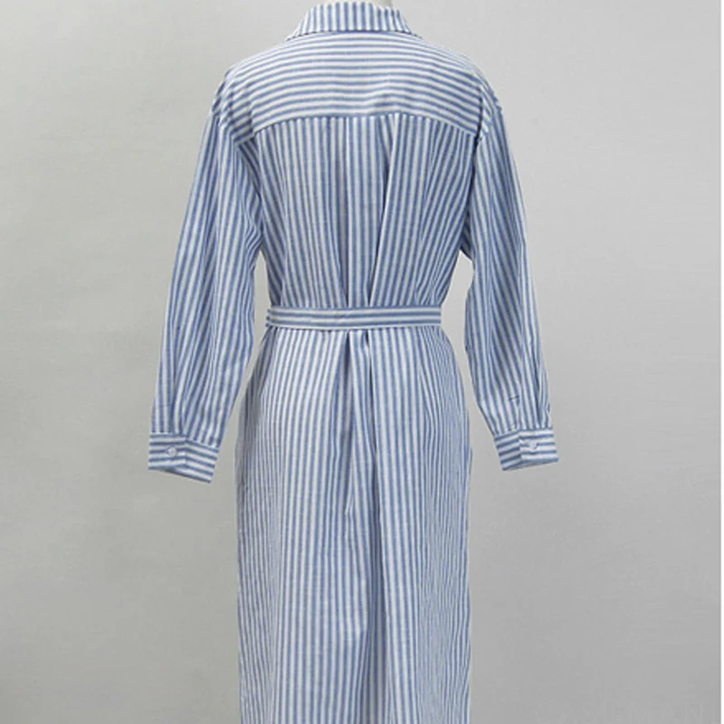 TFETTERS 女性の夏のロングドレス長袖ブルーストライプデザインシャツ襟芸術的なスタイルの女性マキシドレス