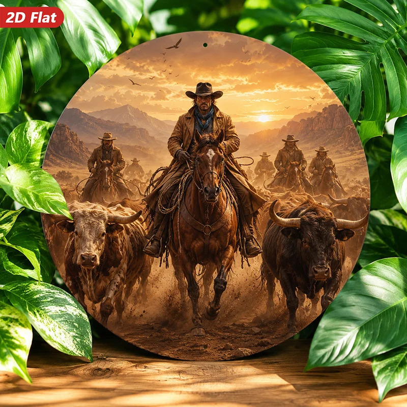Round Metal Sign Wall Decor, Cowboy Themed Home Decor, Western Style, Ranch Scene, Sunset Elements, Suitable Living Room