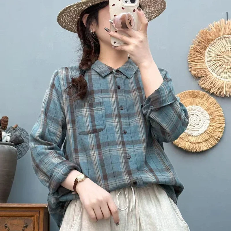 

Women's Plaid Cotton Double Gauze Shirt Loose Long Sleeve Casual Blouse