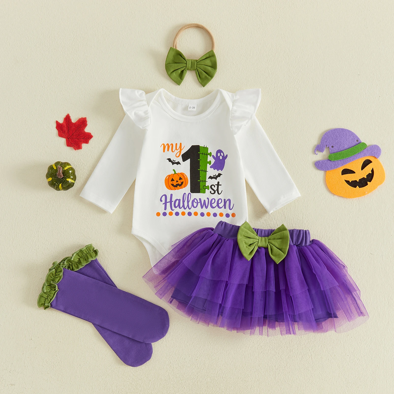 Baby Girl My First Halloween Outfit Long Seeve Romper Mesh Lace Skirt Headband Socks Halloween Costume