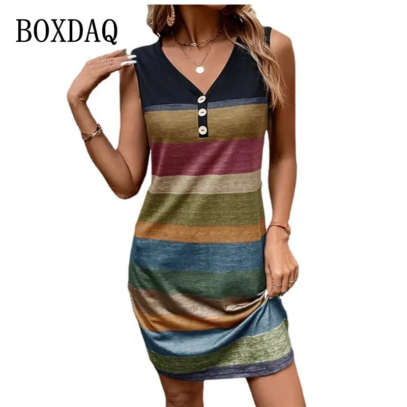 Elegant Sexy Bodycon Dress Women Slim Sleeveless V-Neck Striped Printed Button Vest Dress Casual Oversized Summer Clothing 2023