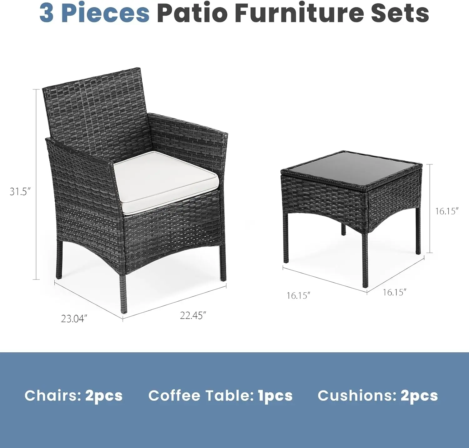 Patio Furniture Set 3 Pieces, Outdoor Wicker Furniture with Coffee Table, Modern Rattan Patio Chairs Conversation Sets with Sofa
