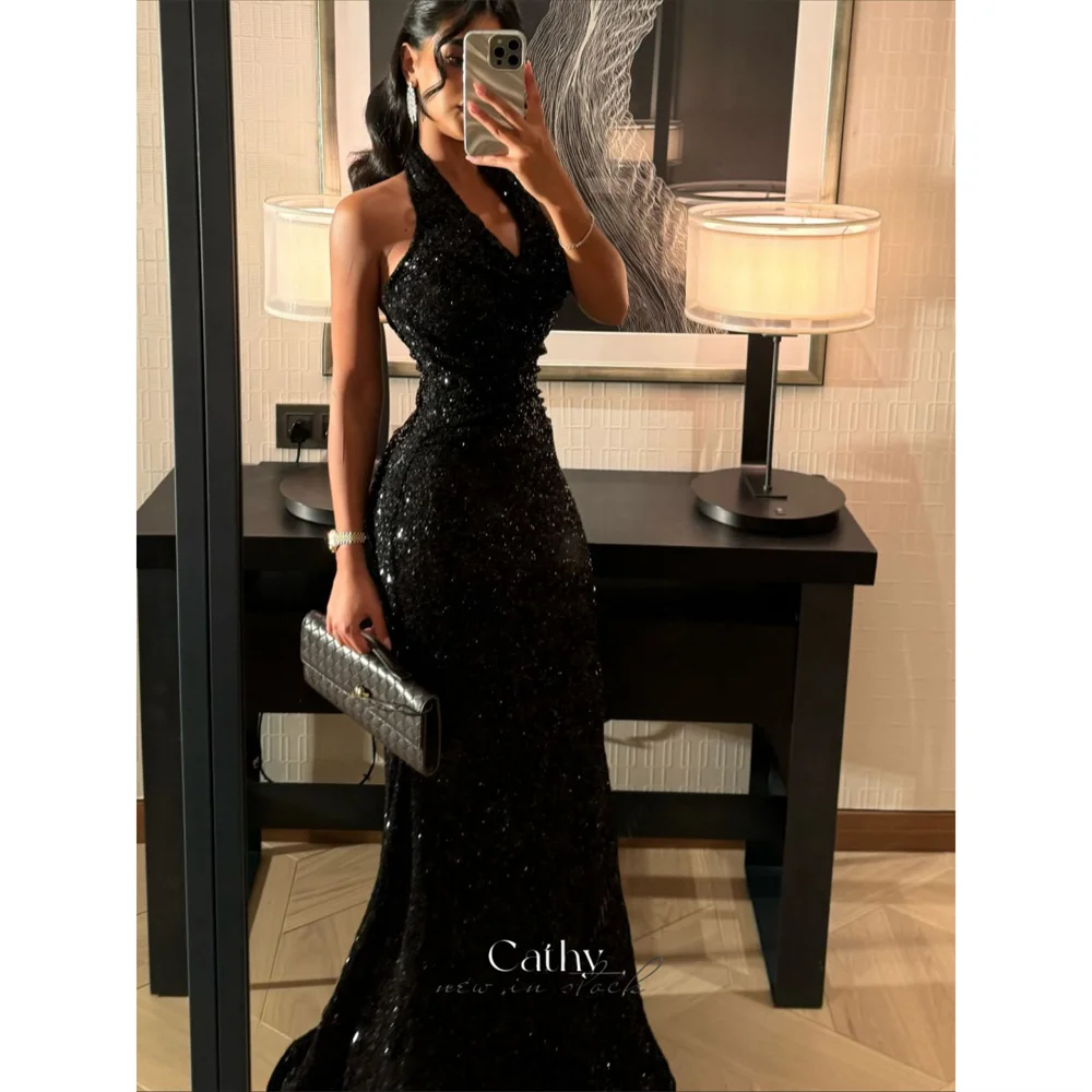 فستان كاثي مخصص بالترتر الأسود ورقبة رسن للحفلات الراقصة أنيق حورية البحر فيستدوس دي نويفا بدون أكمام بطول الأرض فساتين سهرة