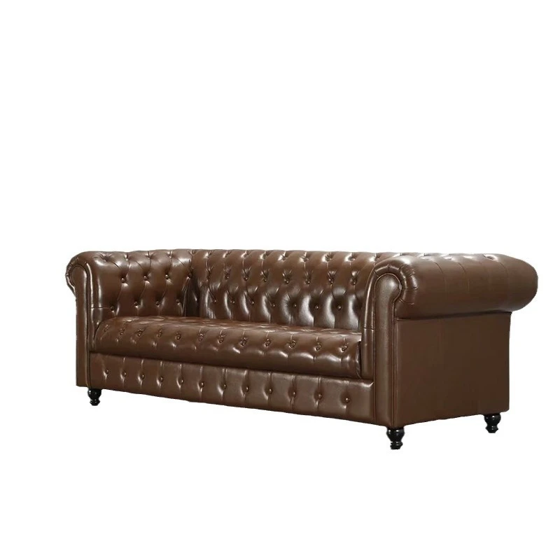 

Retro pull button oil wax leather sofa, simple small apartment in the living room for three people