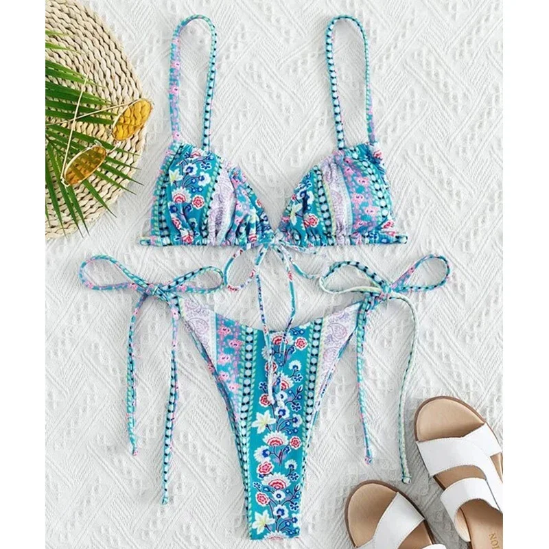 2022 Floral Print String Bandage Bikini Set Swimwear Women Summer Sexy Push Up Bathing Suit Beachwear Halter Biqiuni Swimsuit