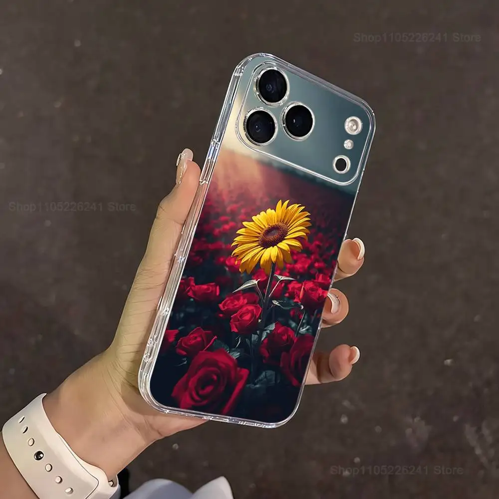 Botanische kunst zonnebloem voor iPhone 16,13,12,11,17,14,15,Pro,Max,Plus,X,XS,XR,SE,Mini transparant zacht siliconen hoesje