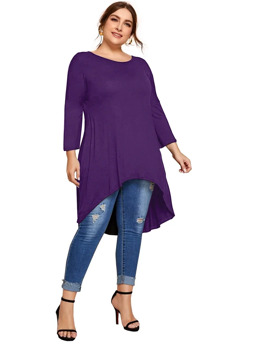 Plus Size Lange Mouw Lente Herfst Casual Hi Lage Tuniek Tops Lange Losse Pasvorm Flare Basic Swing Blouse T-Shirt Grote Maat Tops 8xl