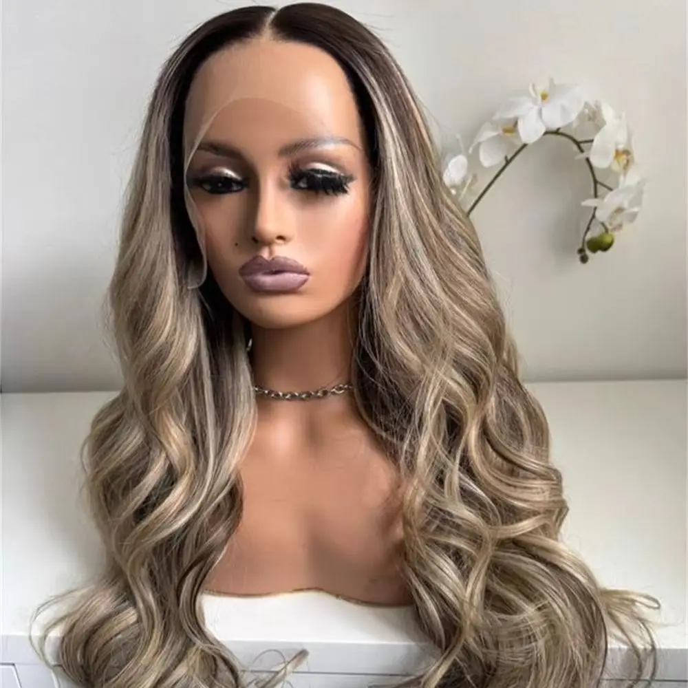 Party Daily Wig Ombre Blonde Brown Synthetic Lace Front Wig Swiss HD Lace Wig for Women Soft Wave Wig Original Factory Cheap Wig