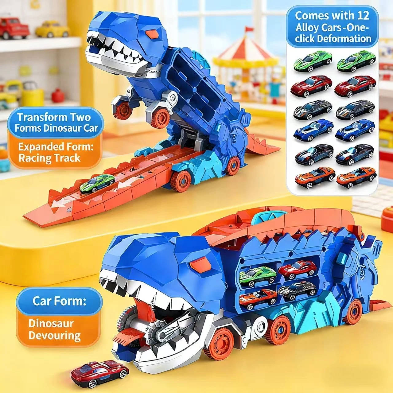 Twee-in-één transformerende Tyrannosaurus rex devours een automodel van metaallegering. Opbergvoertuig voor dinosaurus, cadeau voor een jongenskind.