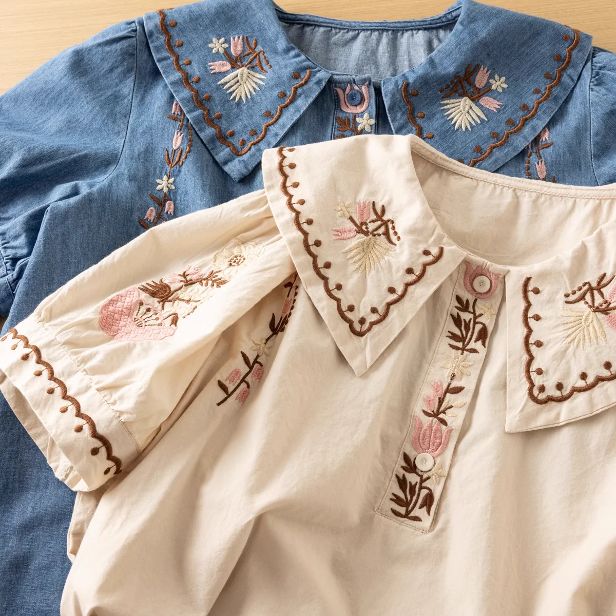 

Elegant and youthful woman blouses Japan style vintage short sleeve embroidery denim shirts and blouses summer women's clothing