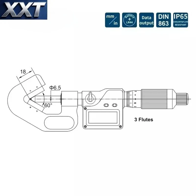 XXT For 3 Flutes IP65 Waterproof Carbide Tipped Digital V-Anvil Micrometer 1-15mm Range 0.002mm Accuracy 0.001mm Resolution