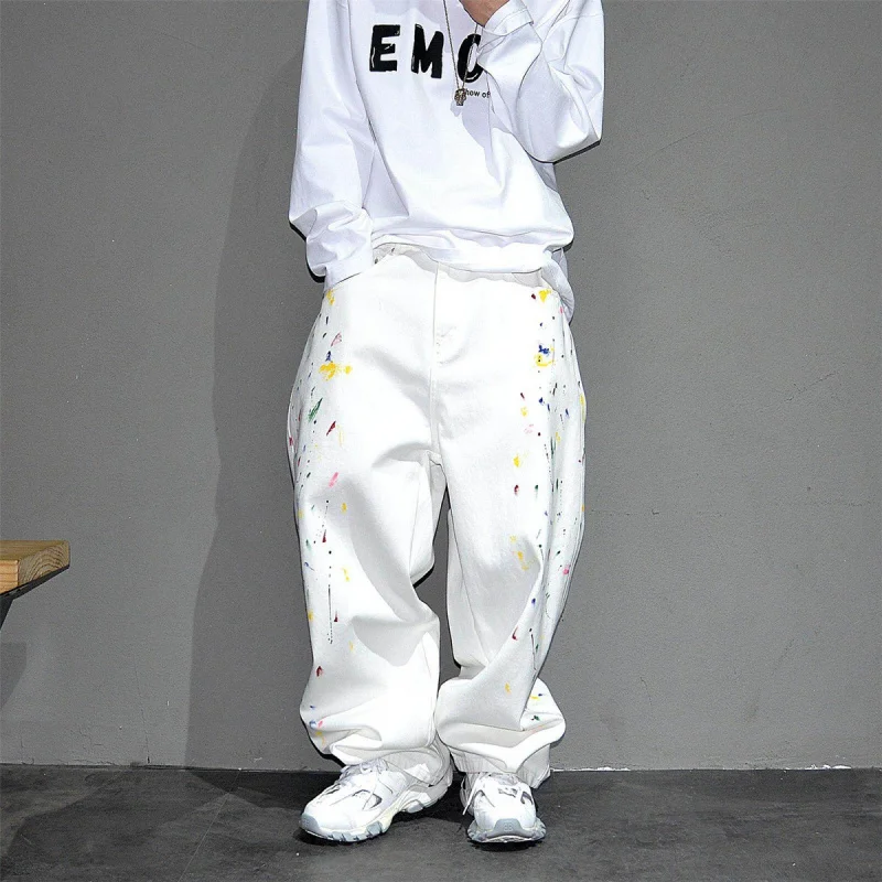 Vibe Hip Hop Paint Splatter Wide Leg Denim Jeans Men, Niche Stylish Loose Plus Size Straight Stacked Long Pants