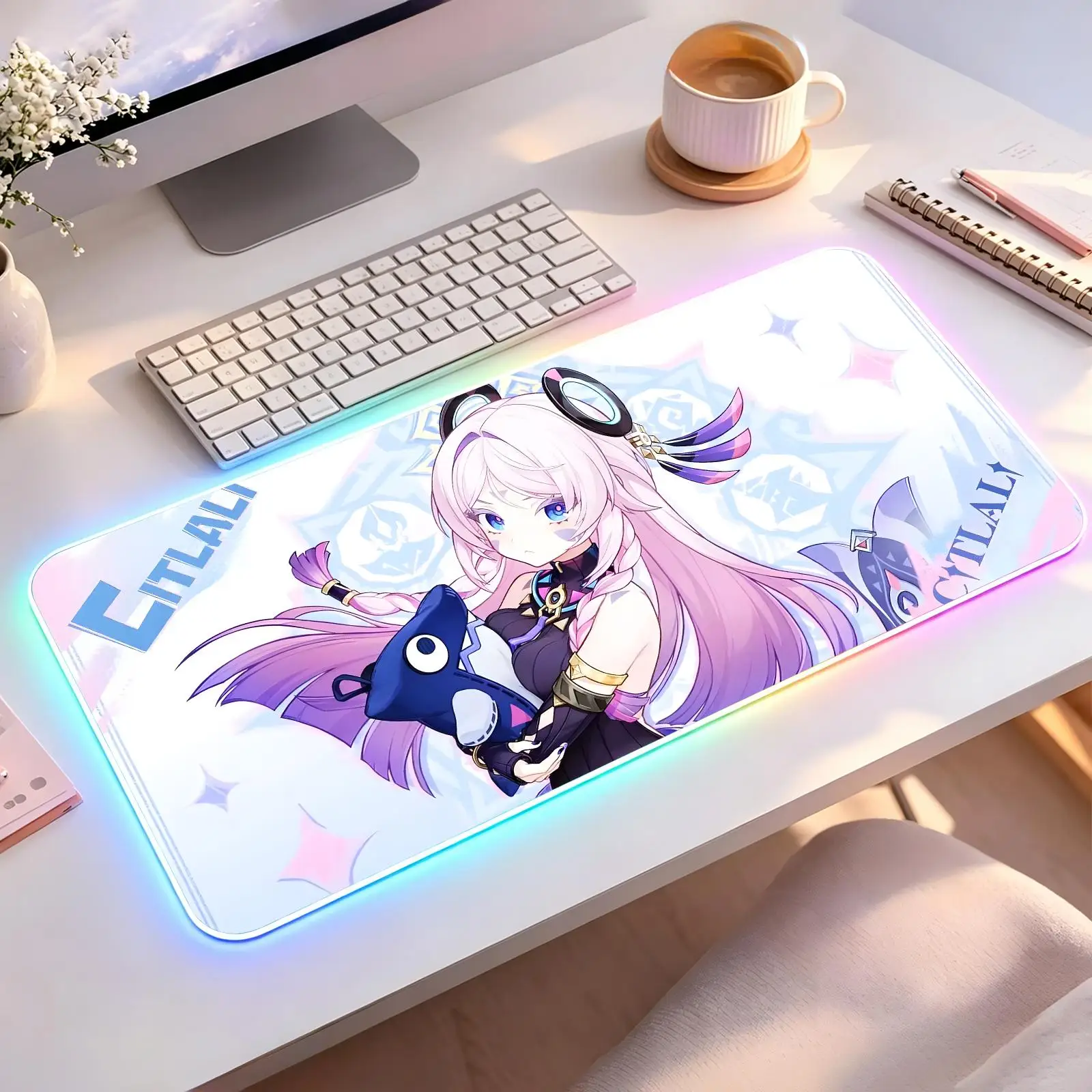 Large RGB backlit esports gaming mouse pad, Genshin Impact Citlali smooth soft cloth surface, LED luminous extended desk mat