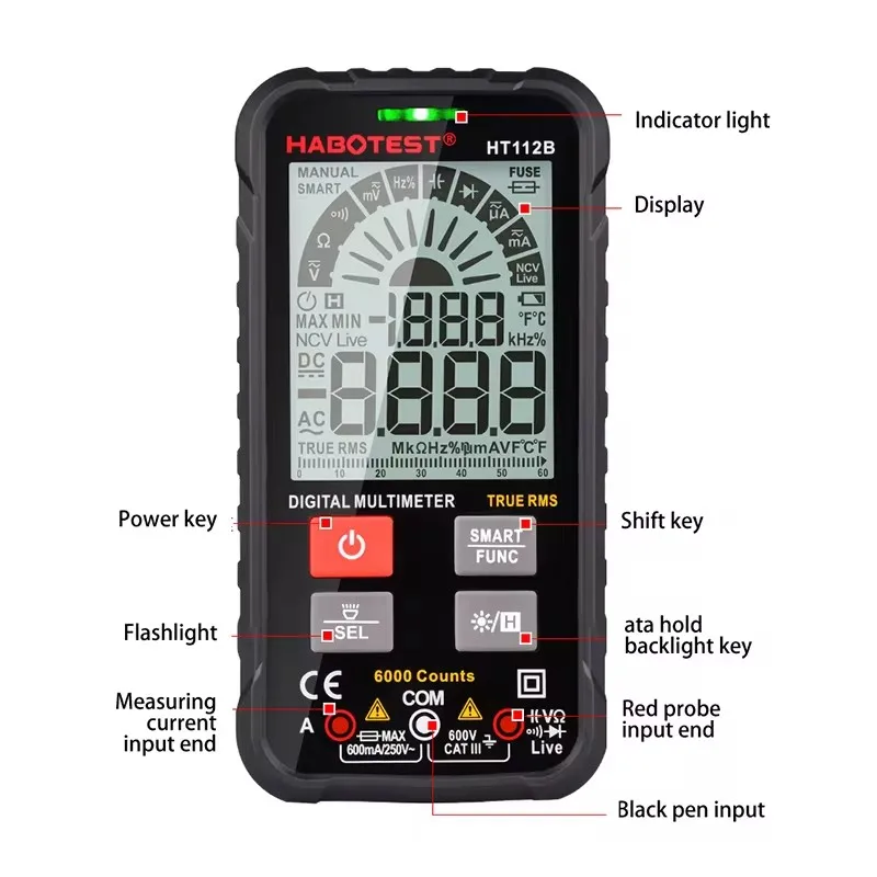HT112B 디지털 멀티미터 자동 범위 DMM 전압계, True RMS NCV 전압 계량기, 스마트 멀티테스터 전기 테스터, 4000 카운트