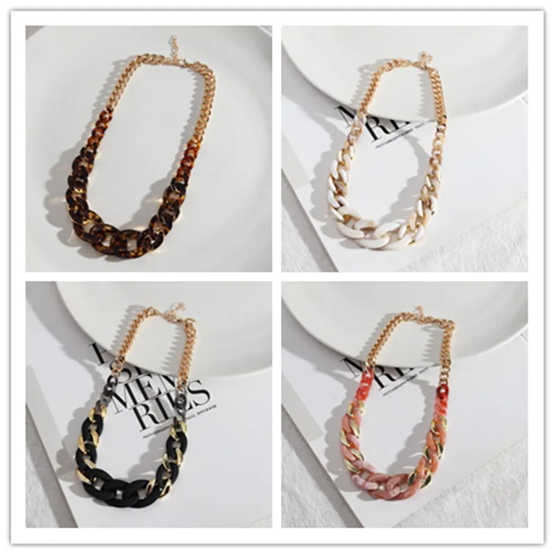 Gold Metal and Enamel Acrylic Chunky Link Short Chain Necklace for Women Fashion Tortoise Leopard Resin Chokers Jewelry