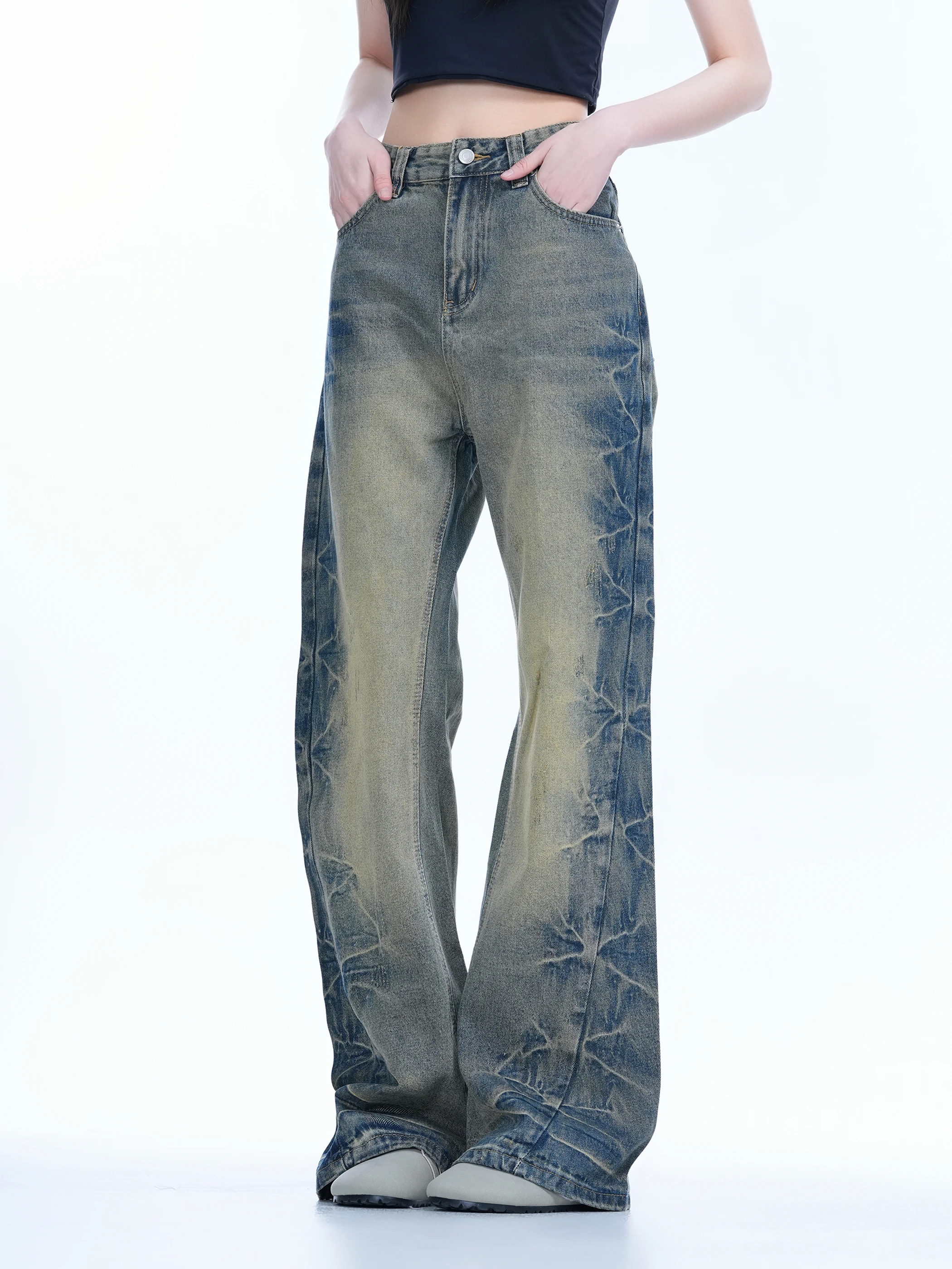 

Американские тяжелые джинсы с боковой окраской, женские джинсы чистого кроя с широкими штанинами длиной до пола, повседневные брюки с высокой талией, прямой крой