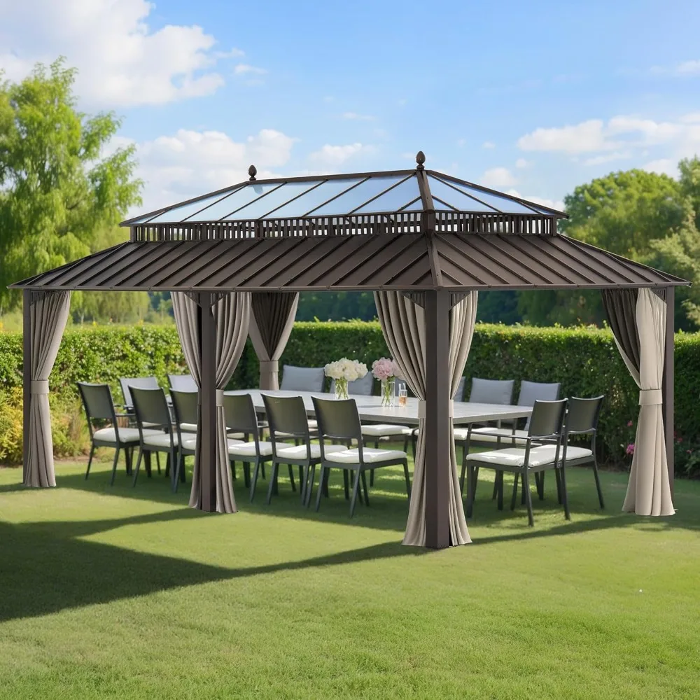 

Kingston 20' x 12' Hardtop Gazebo with Galvanized Steel/Polycarbonate Double Roof, Curtain and Netting, Brown Aluminum Posts