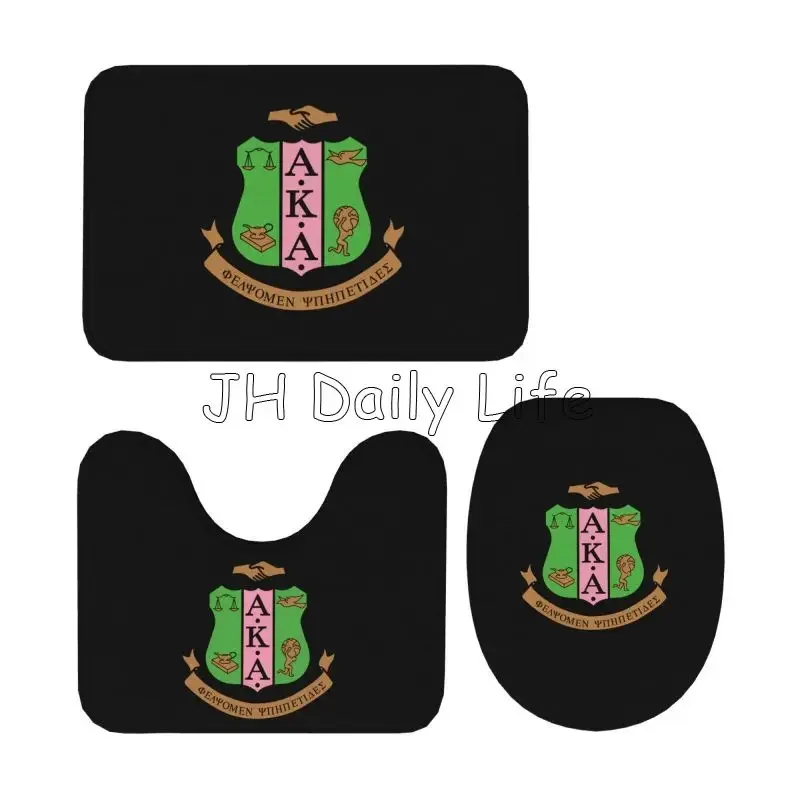 AKA Sorority Bathroom Mat Set of 3pcs 1908 Pink Green Inspired Positive Non Slip Contour Rug and Toilet Lid Cover Rubber Backing