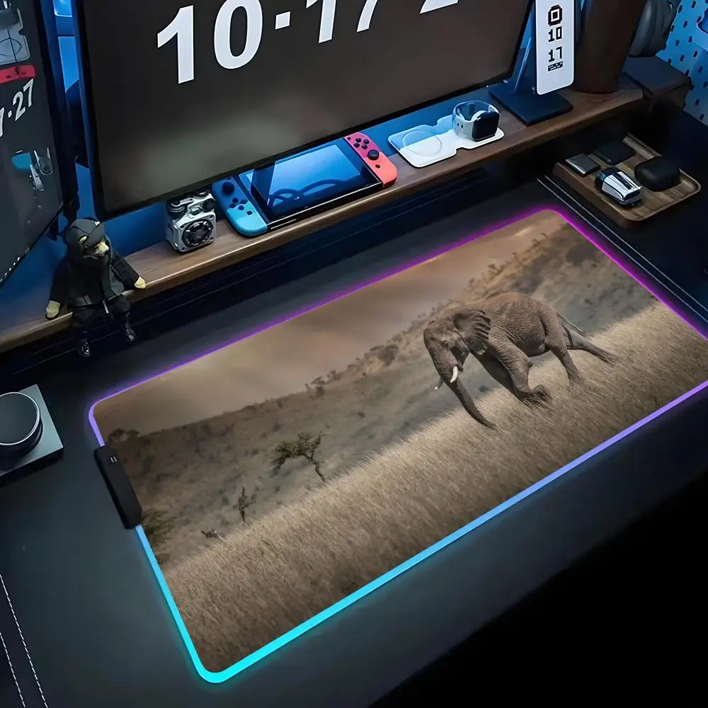 

African elephant Mouse Pad RGB Gaming Mousepad Big LED Pad PC Desk Mat Luminous Mouse Pad Large Keyboard Mats Table Rug With