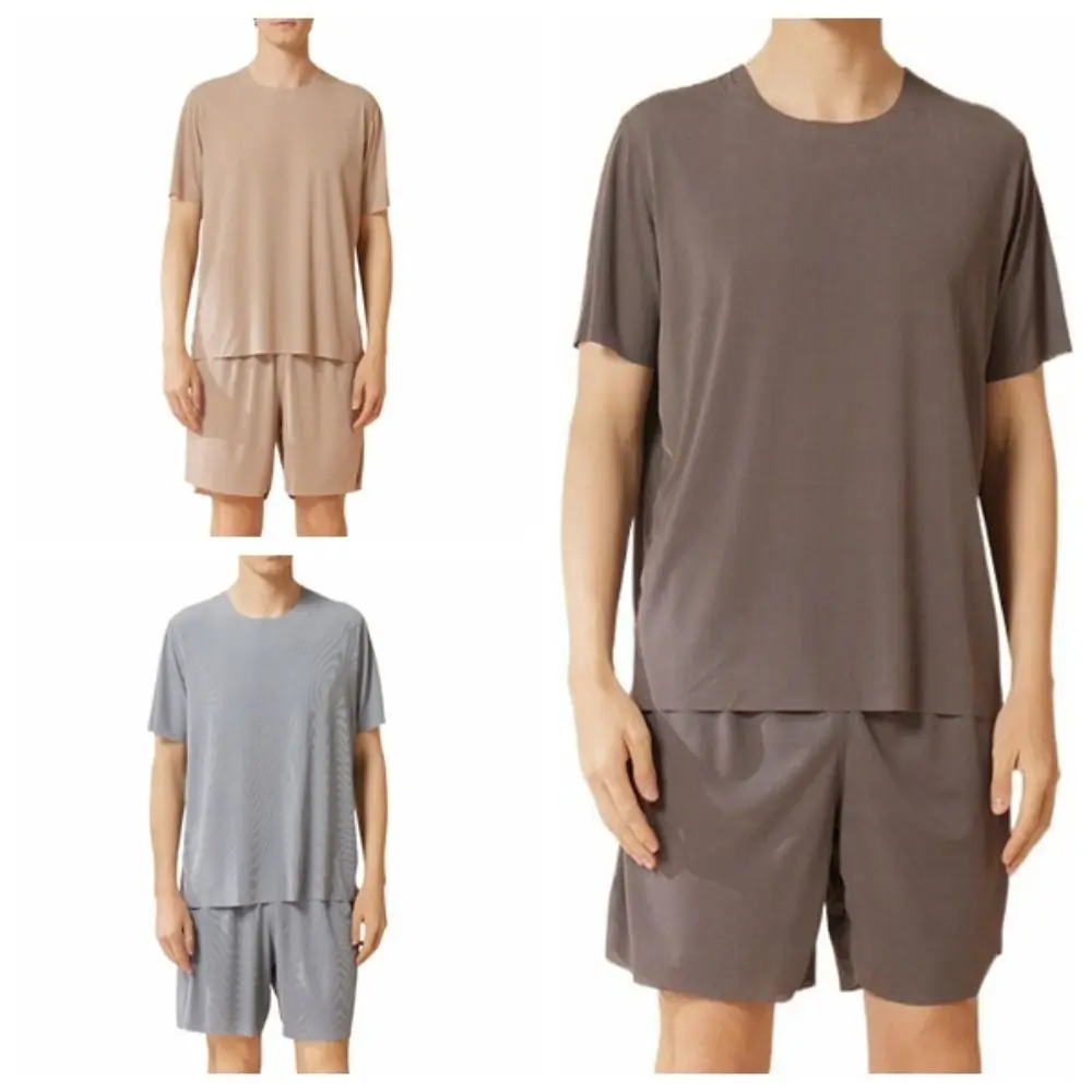 Cor sólida sem costura manga curta pijamas terno solto de seda gelo masculino verão pijamas casa wear simples 2 peças conjunto de pijamas verão