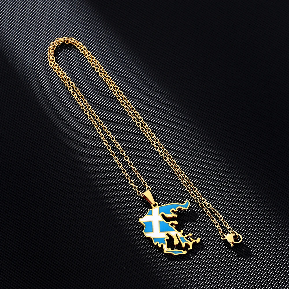 New Greece Map Flag Pendant Necklace For Women Men Gold Silver Color Stainless Steel Fashion Greek Jewelry Patriotic Gifts