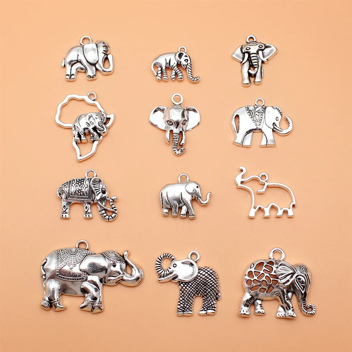 12pcs Antique Silver Color Elephant Charms Collection For DIY Jewelry Making, 12 Styles, 1 of Each