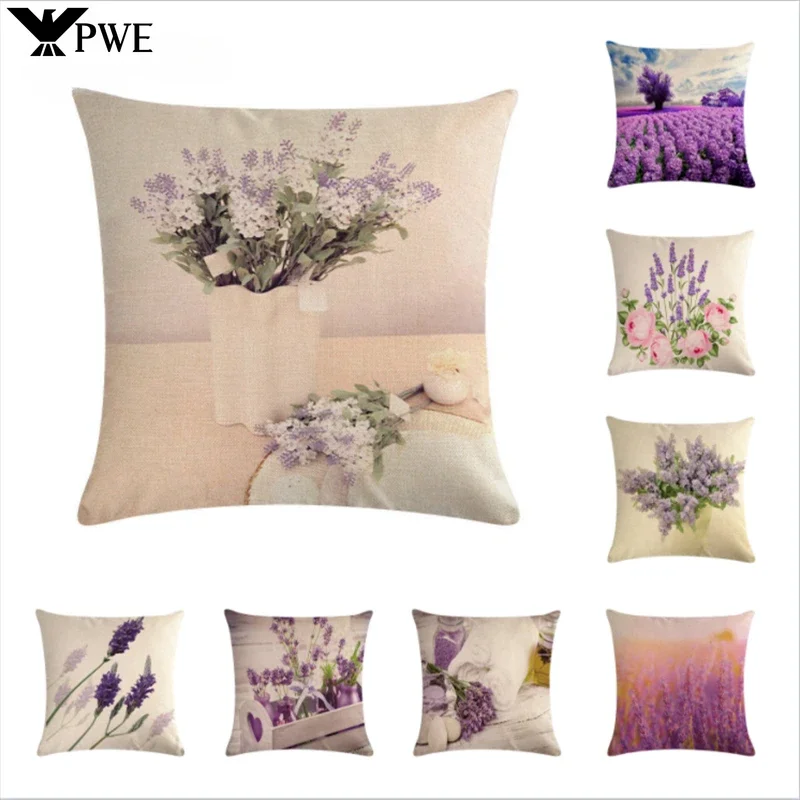 Beautiful Lavender Pattern Linen Throw Pillow Cushion Cover Car Living Room Bedroom Sofa Decorative Pillowcase 45*45cm