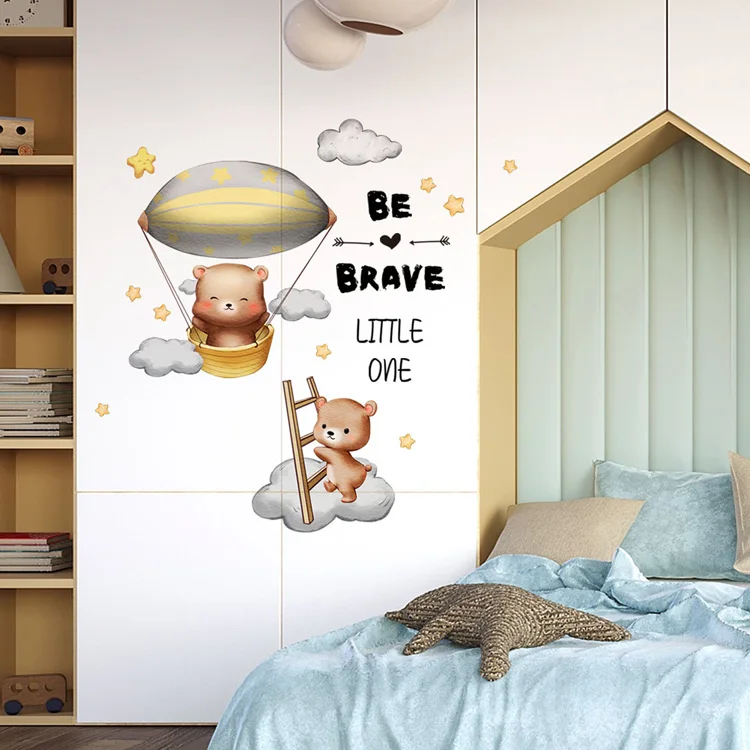 Cartoon-Bär-Heißluftballon-Wandaufkleber für Jungen, Kinderzimmer-Dekoration, Wandbild, Hintergrund-Dekoration für Zuhause, selbstklebende niedliche Tapete – Detail 5