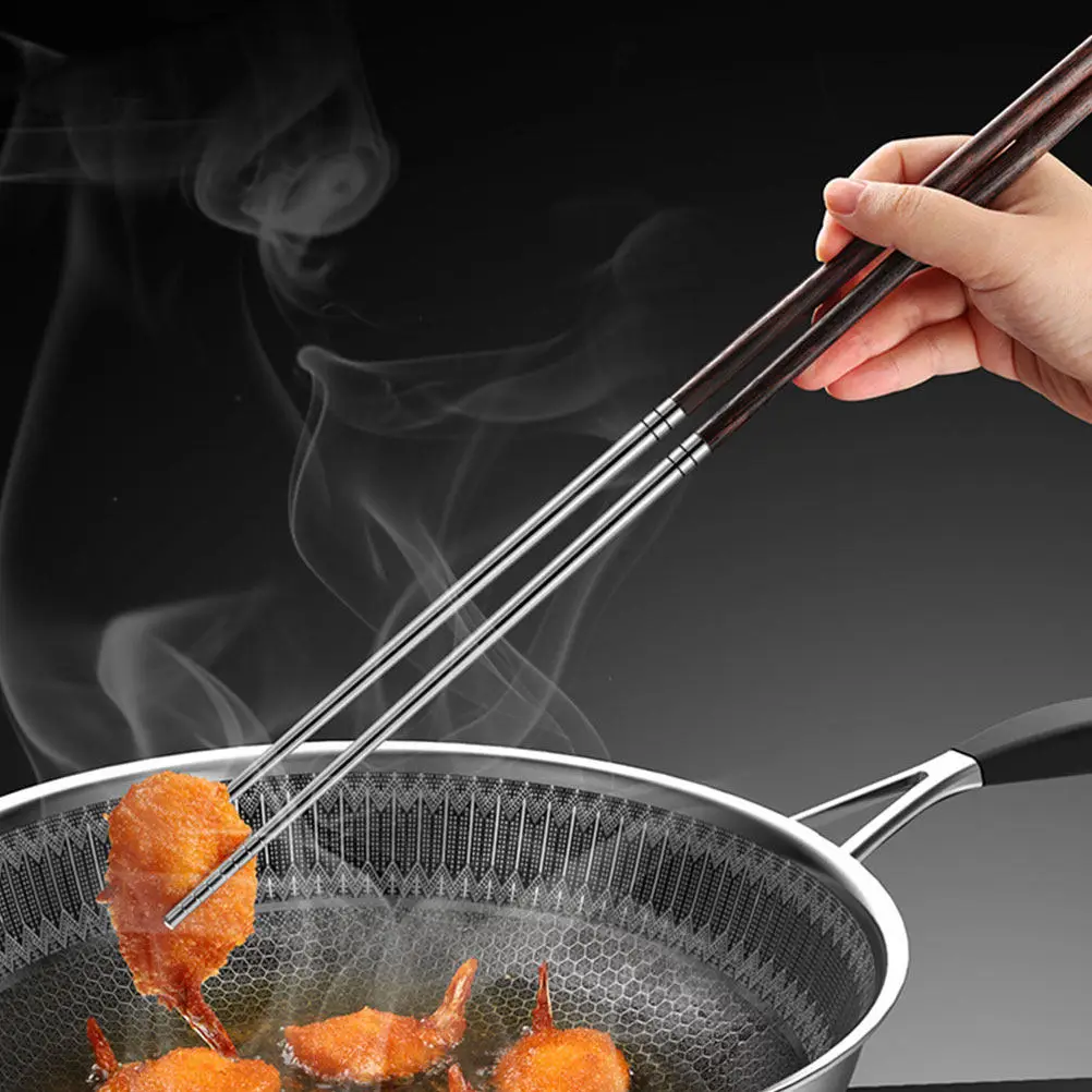2 Pares de Palillos de Cocina de Mango Largo con Puntas de Acero Inoxidable 304, Agarre de Madera Antideslizante para Alitas de Pollo, Hot Pot, Frituras y Salteados