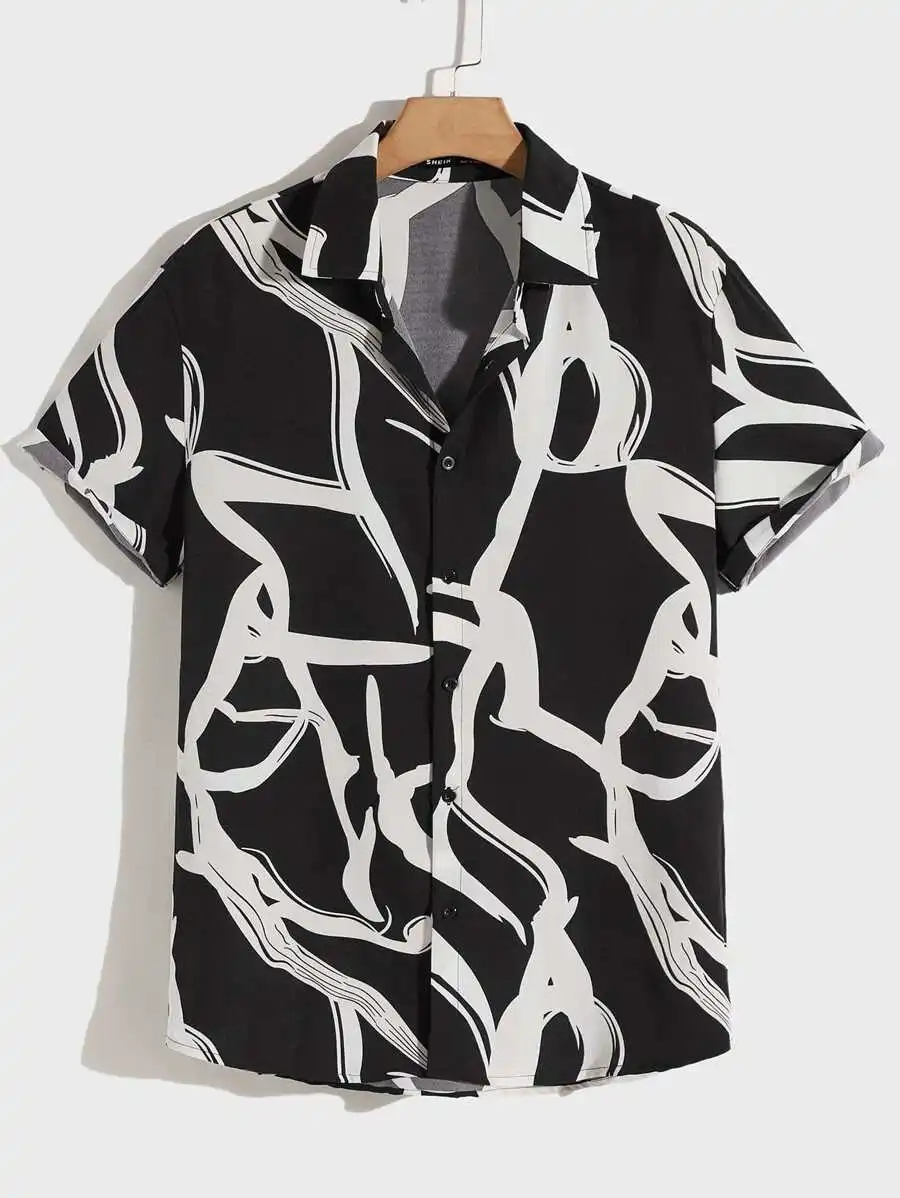 

Men's Black and White Abstract Print Short Sleeve Button-Up Shirt