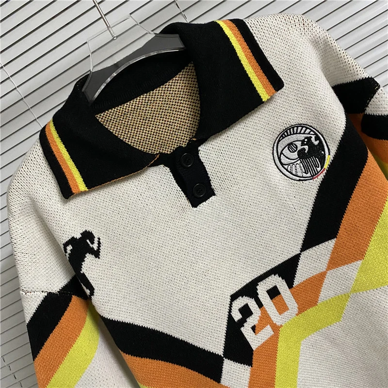 American Streetwear HOUSE OF ERROR Football Suit Style Eye Truth Contrast Color Jacquard Polo Collar White Short Sleeved Sweater