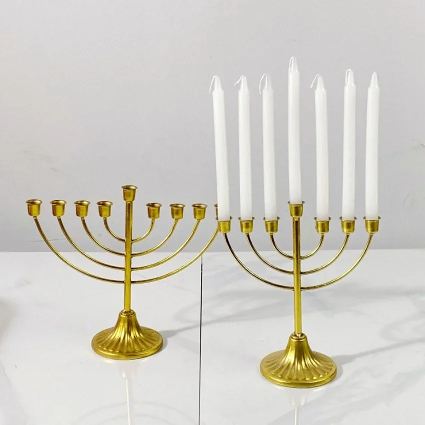 Ornate Vintage Hanukkah Candle Holder with 9 Arms, Gold Iron Menorah for Festive Prayer and Decorations