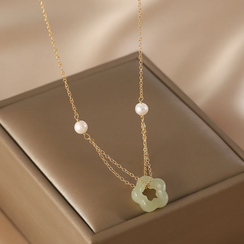 

Lii Ji Real Jade Flower Pendant Necklace Pearl Choker 14K Gold Filled Necklace 40+5cm Women Jewelry Gift