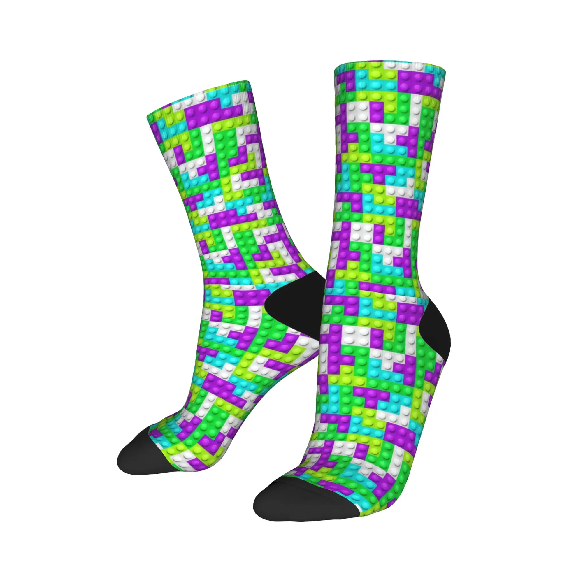 Lime Green Purple Building Blocks Pattern Stockings Gothic Socks Couple Breathable Socks Winter Outdoor Design Non Slip Socks