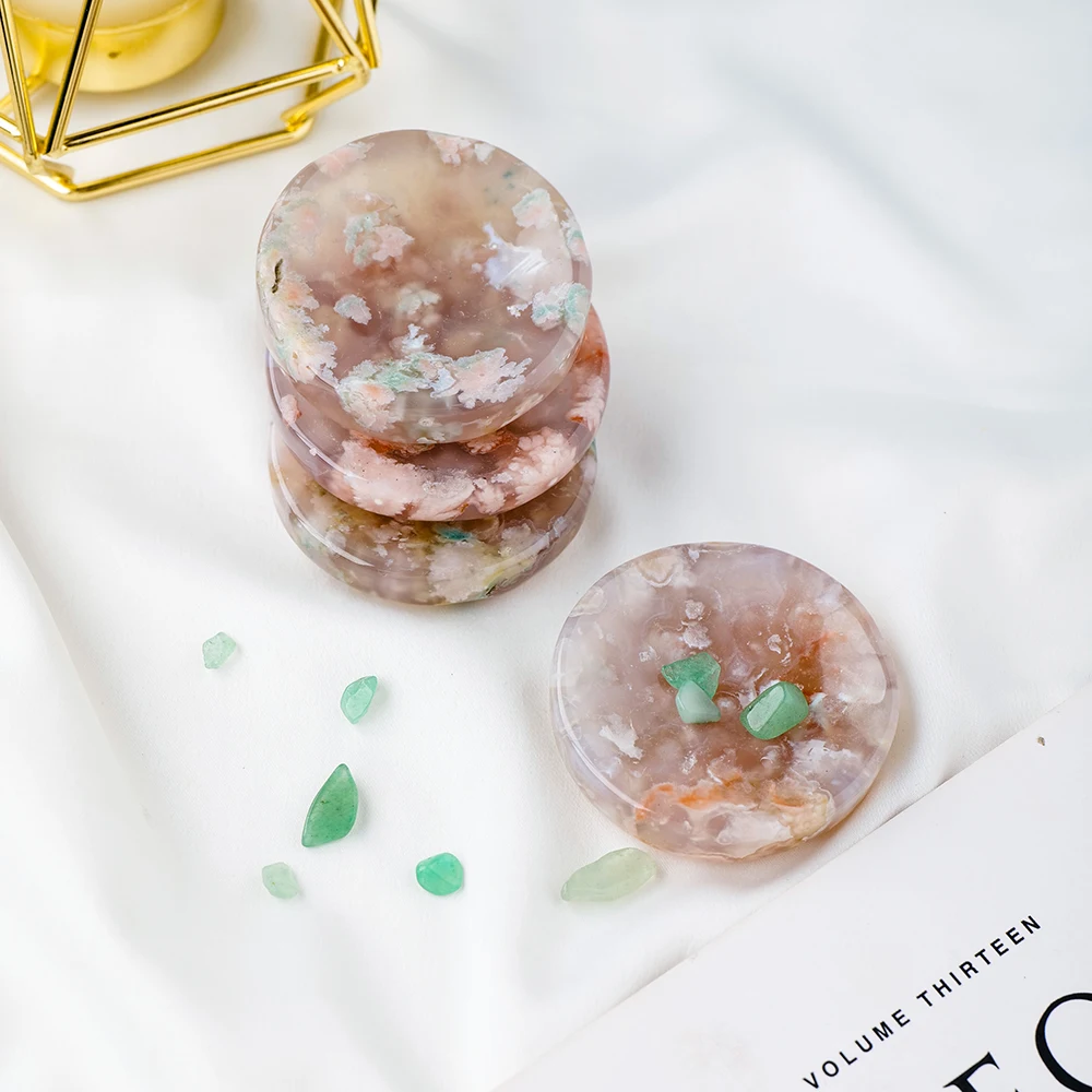 Natural Sakura Agate Cavring Cherry Agate Crystal Bowl Reiki Chakra Healing Crystal Plate Polishing Minerals Home Bowls Decor