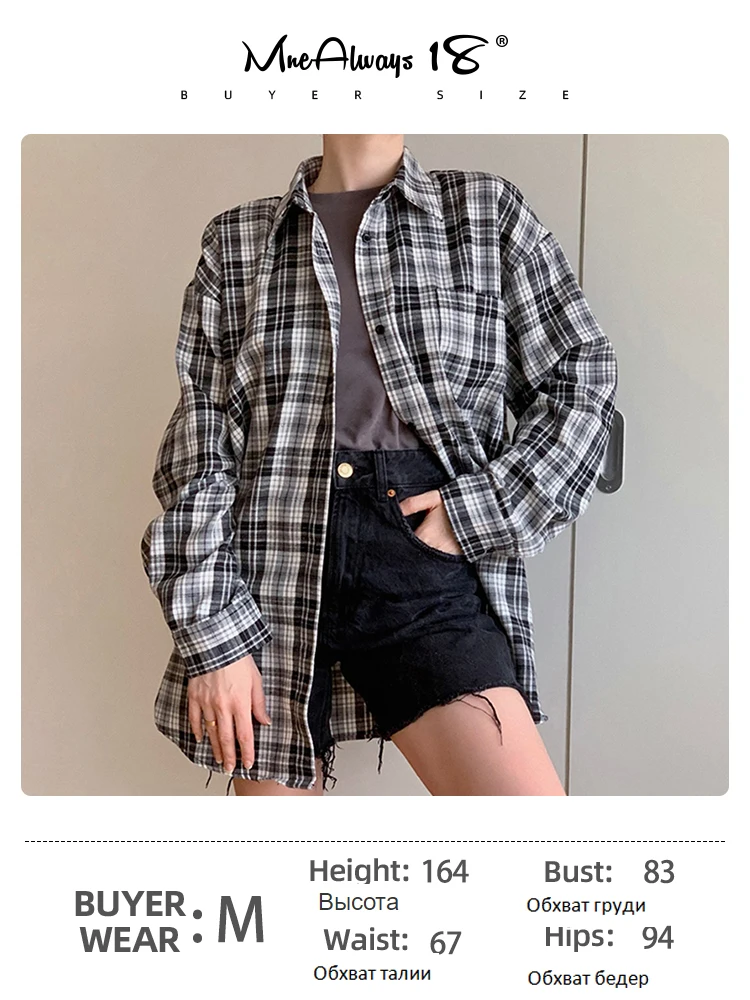 Mnealways18 Patchwork Black And White Plaid Shirts Women Pocket Gingham Blouse Casual Loose Long Sleeve Print Tops Spring Shirts