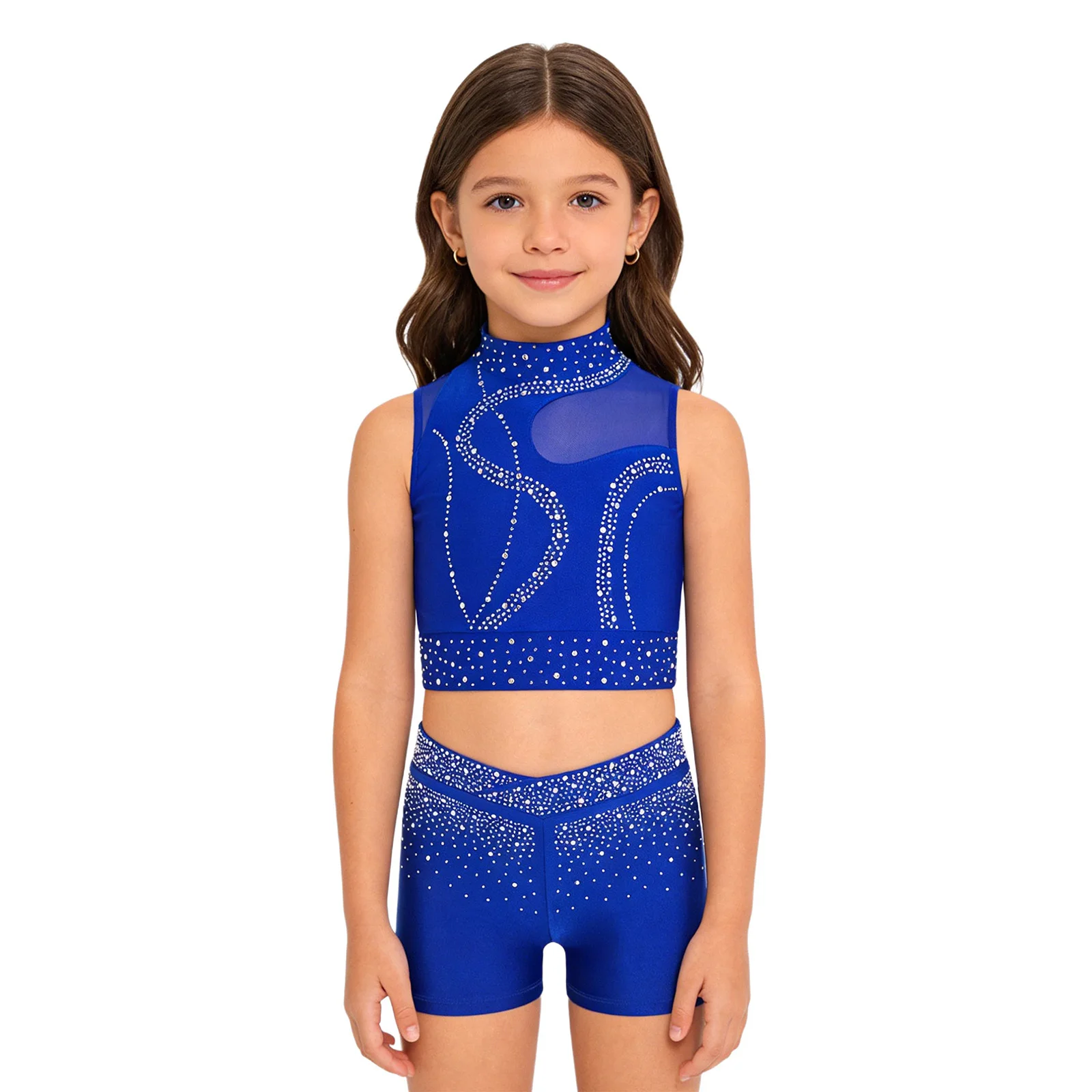 

Kids Girls Gymnastics Ballerina Dance Clothing Keyhole Back Mesh Sparkling Rhinestones Mock Neck Sleeveless Crop Top with Shorts