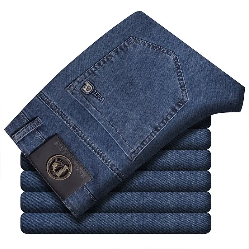 

Мужские тонкие джинсы на весну и лето, мужские деловые свободные прямые брюки, эластичные джинсовые брюки с высокой талией, модные простые синие брюки