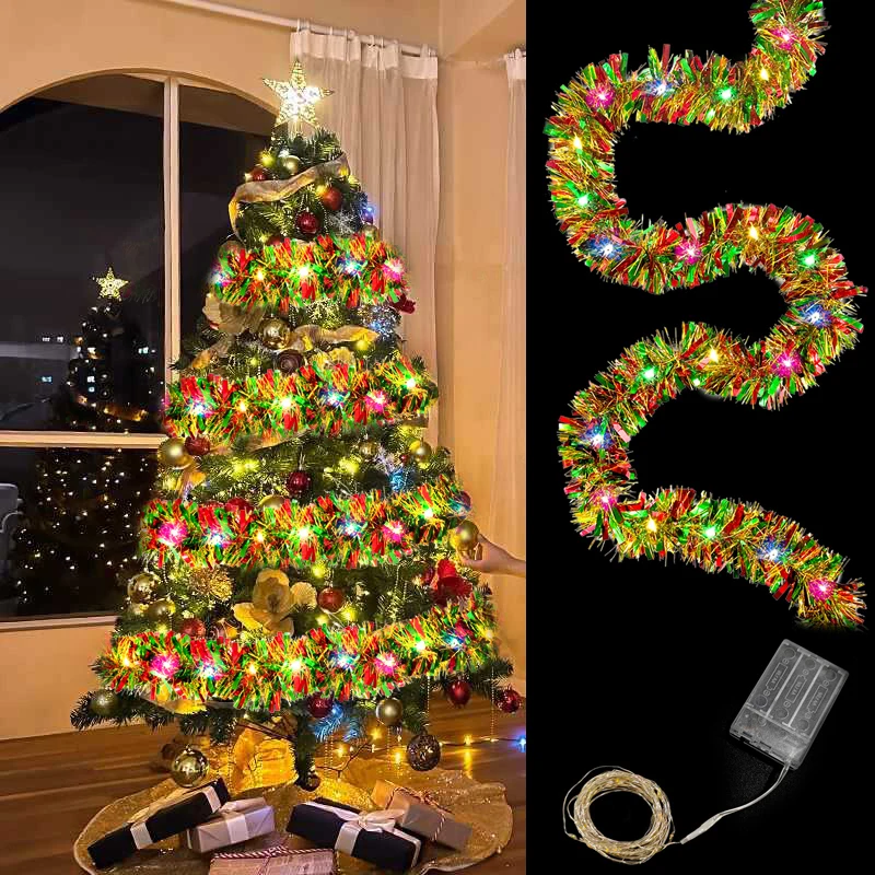 

New Year 2026 Sparkling Christmas Garland Tinsel Coloured Ribbon LED Holiday Lighting Indoor Christmas Tree Wedding Party Decor