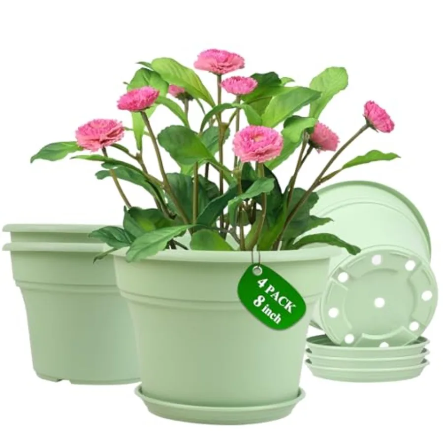 

8 Inch Plastic-Flower Pot-for-Indoor Plants, 4 Pack Large Outdoor Planter Pot with Drainage Holes and Saucers, Resin Decorative