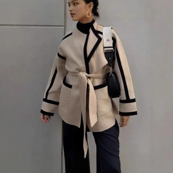 

Французская легкая роскошная женская двусторонняя шерстяная куртка, элегантная повседневная куртка на шнуровке контрастного цвета, средней длины, осень-зима, новинка