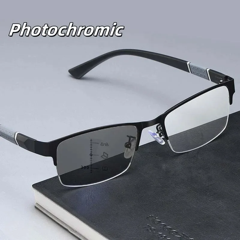 Blaulicht-Brille, photochrome Sonnenbrille, Halbrahmen, Business, multifokale Presbyopie-Brille, Dioptrien bis +4,0, Brille für Herren