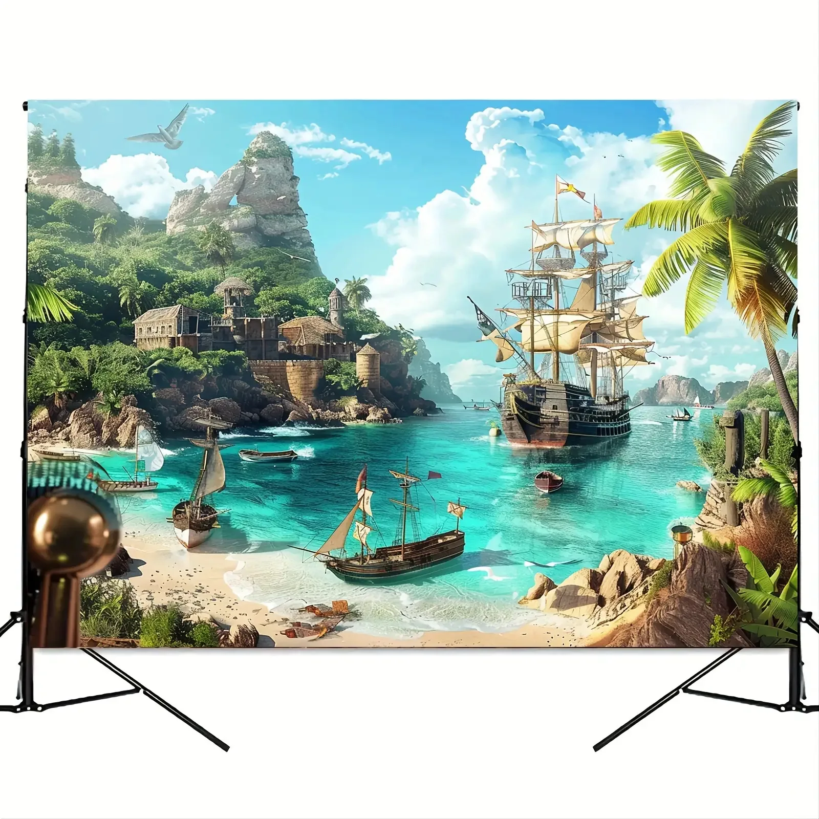 1 PC pirate themed party background - Caribbean beach islands with pirate ships, treasure chests, and treasure maps