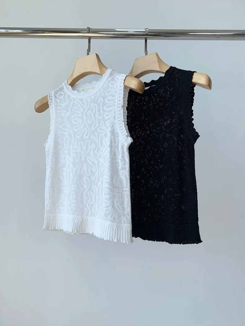 Women Black or White Vest Embroidery Hollow Out O-Neck Sleeveless Casual Ladies Knitted Tank Tops