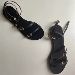 2024 New Summer Women Sandals Narrow Band Casual Beach Shoes Ladies Ankle Strap Gladiator Sandals Designer Buckles Flats