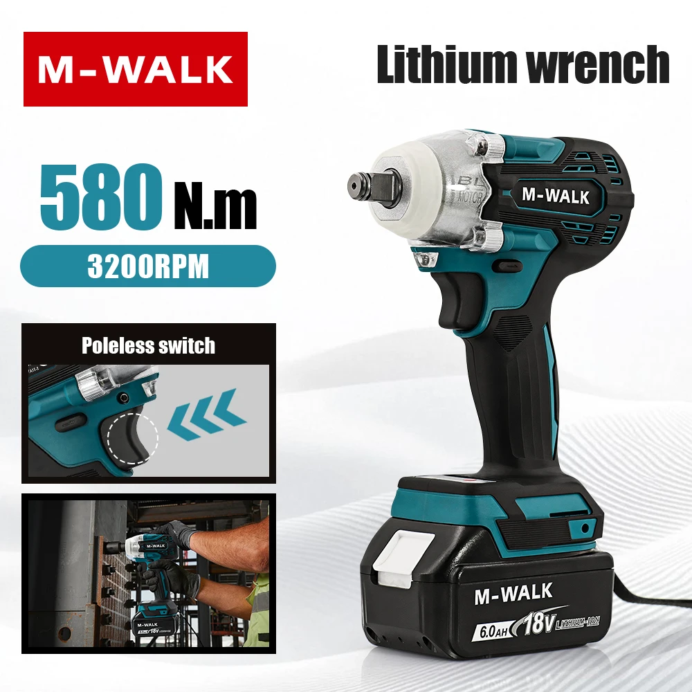 M-WALK 580N.M Torque Brushless Electric Impact Wrench 1/2 inch Cordless Wrench Screwdriver Power Tool For Makita 18V Battery Pin